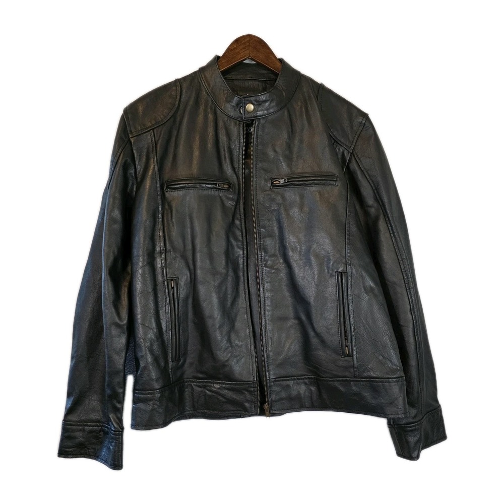 Real Leather Jacket Men XL Black Cafe Racer Zip Pockets Motorcycle Grunge Rocker